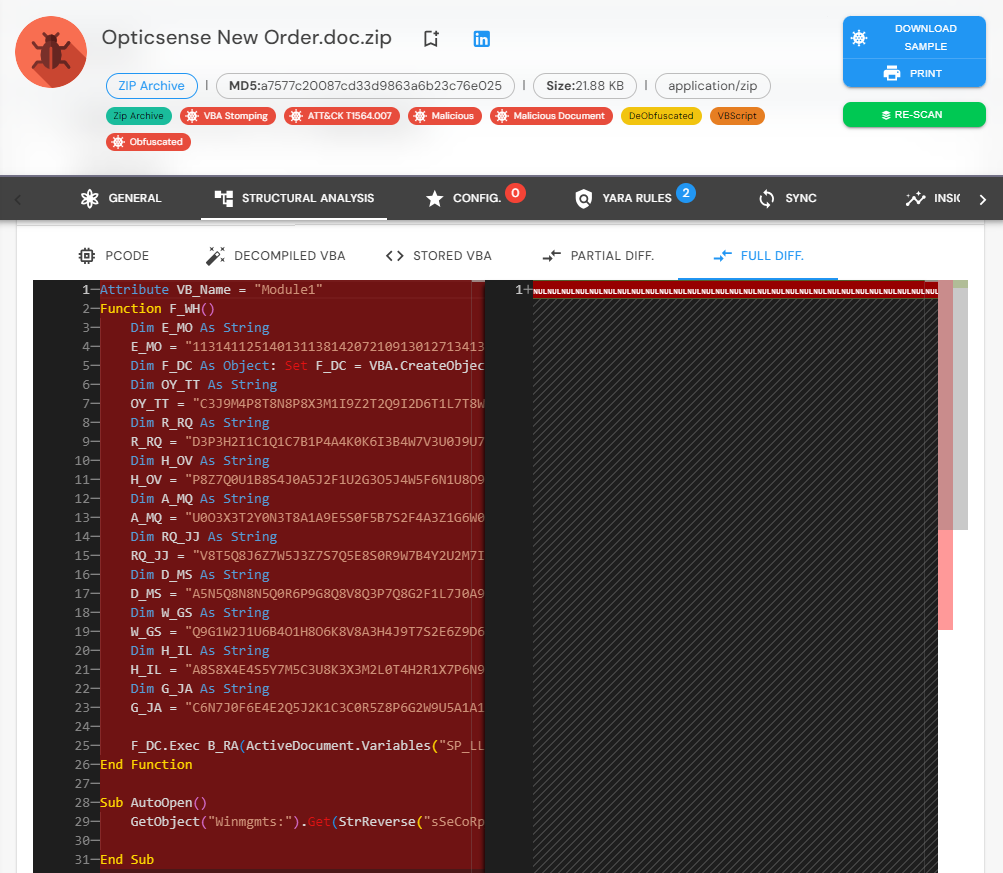 Exemple of malicious document exploiting VBA Stomping, where compressed VBA Source Code was altered.