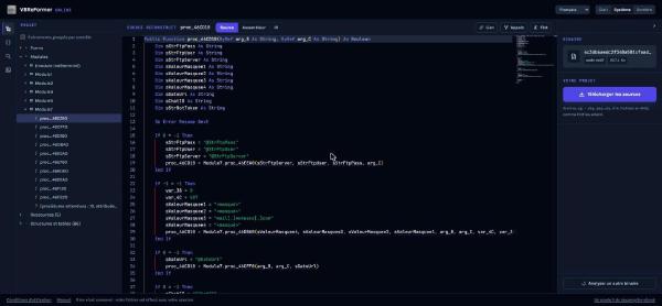 VBReFormer Online: reconstructed project tree of DarkCloud and source of procedure Module7.proc_46CD10, credentials masked