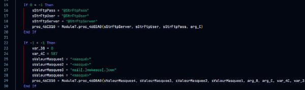 DarkCloud exfiltration dispatcher decompiled by VBReFormer: disabled FTP branch, enabled SMTP branch, credentials masked