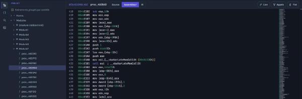 Assembler view of Module7.proc_46DBA0 in VBReFormer Online: __vbaVarLateMemCallSt call then VARIANT of type 2 and value 1